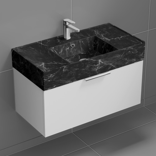 Nameeks DERIN963 32 Inch Bathroom Vanity With Black Marble Design Sink, Modern, Wall Mount, Glossy White